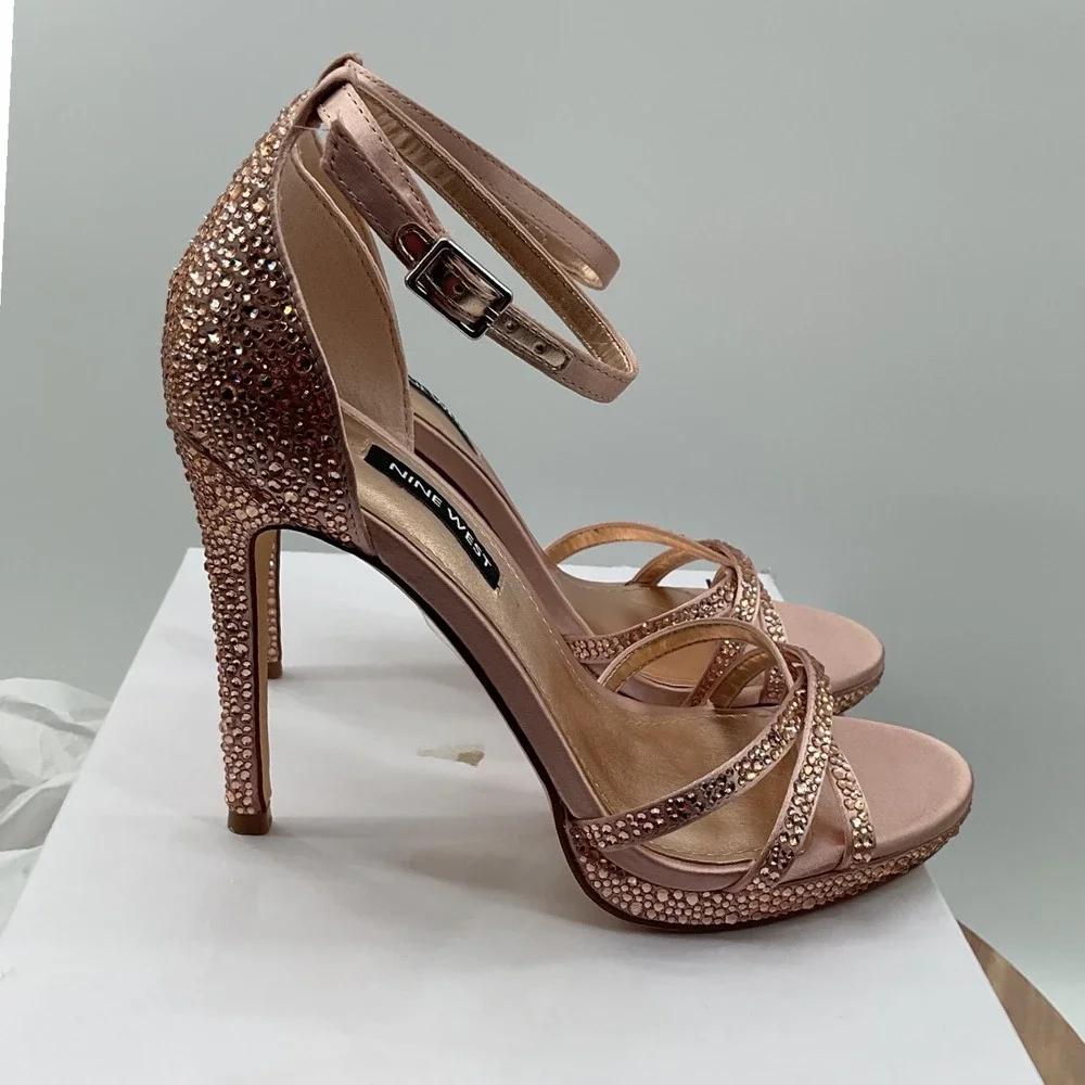 Nine West Rose Gold Satin Rhinestone Platform Ankle Strap Heels Womens 6M